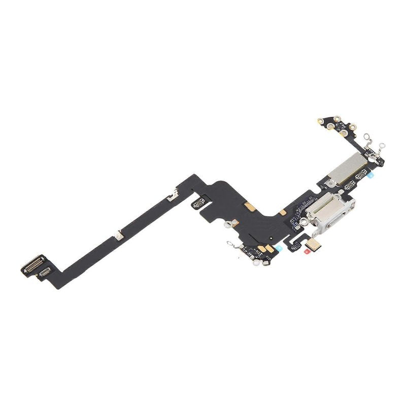 Angled view of the iPhone 17 Pro charging port flex cable with a silver USB-C port and its connectors
