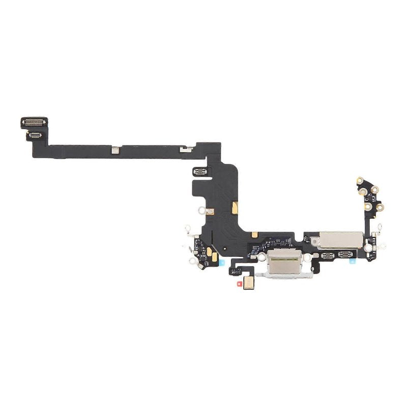 iPhone 17 Pro charging port flex cable with a silver USB-C port, front view of the port, microphone and flex