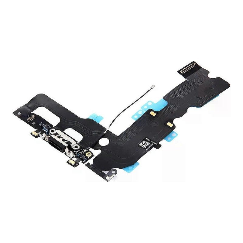 Angled view of the iPhone 7 Plus charging port flex cable with a black Lightning port and its connectors