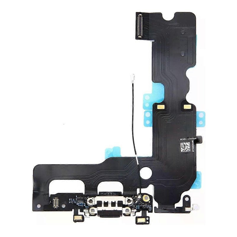 iPhone 7 Plus charging port flex cable with a black Lightning port, front view of the port, microphone and flex