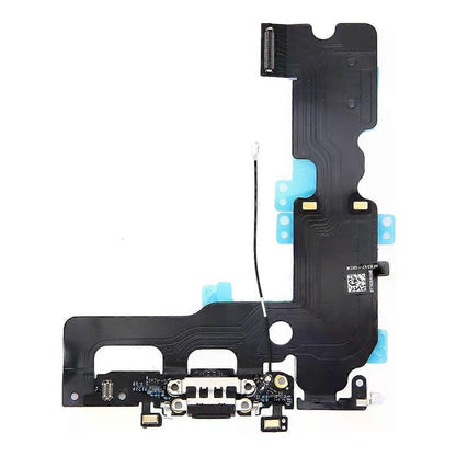 iPhone 7 Plus charging port flex cable with a black Lightning port, front view of the port, microphone and flex
