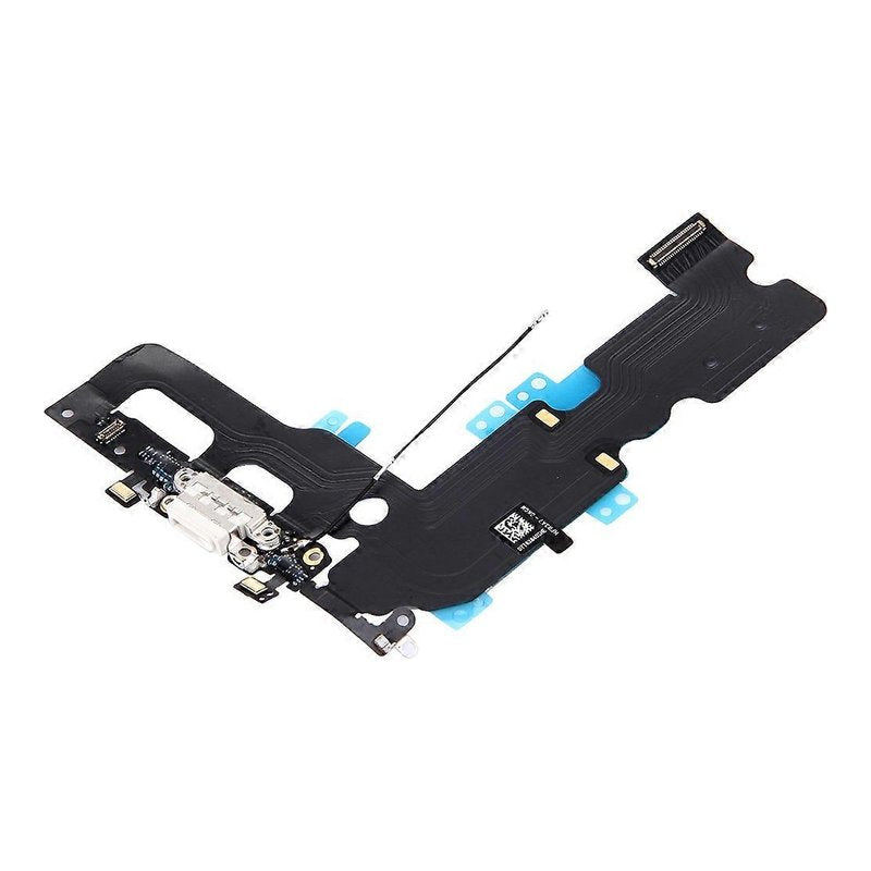 Angled view of the iPhone 7 Plus charging port flex cable with a white Lightning port and its connectors