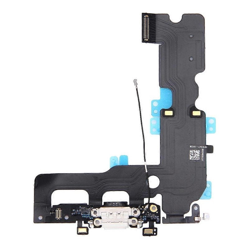 iPhone 7 Plus charging port flex cable with a white Lightning port, front view of the port, microphone and flex