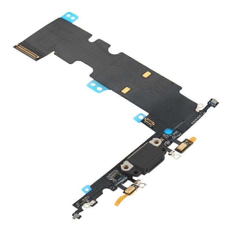 Angled view of the iPhone 8 Plus charging port flex cable with a black Lightning port and its connectors