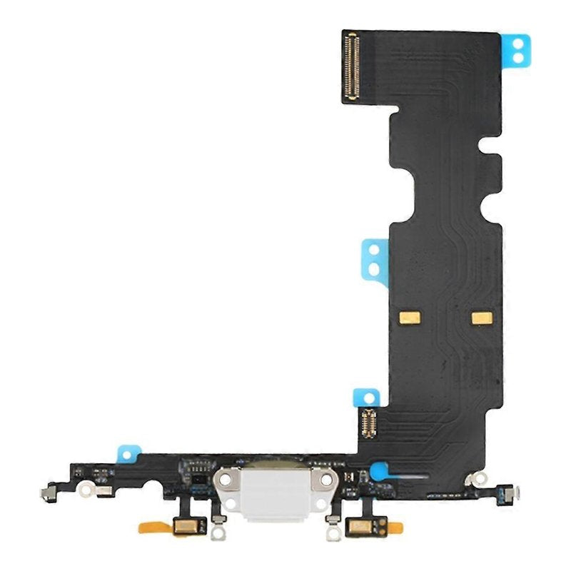 iPhone 8 Plus charging port flex cable with a white Lightning port, front view of the port, microphone and flex