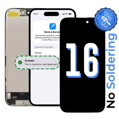 iPhone 16 showing the Parts and Service screen entry confirming a genuine used Apple part, beside the replacement display and its rear flex, with a No Soldering badge