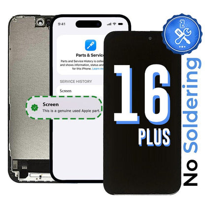 16 Plus, no soldering: the replacement screen beside an iPhone chassis and an iOS Parts and Service History page reading this is a genuine used Apple part