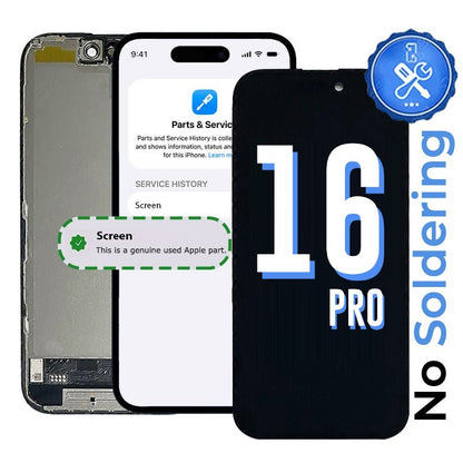 No Soldering: an iPhone 16 Pro replacement screen beside an Apple Parts and Service History page listing the Screen as a genuine used Apple part