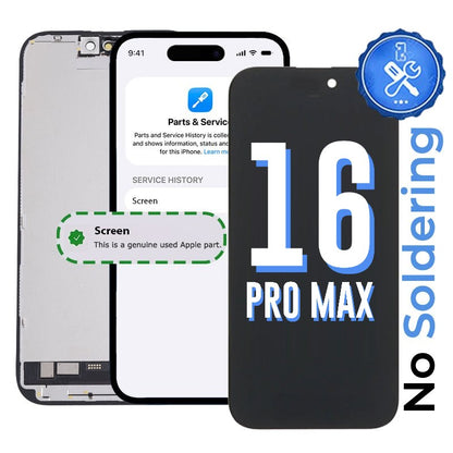 Headline 16 Pro Max and No Soldering over a screen assembly rear, a black replacement screen and an iPhone Parts and Service History page where Screen reads as a genuine used Apple part.