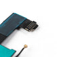 Macro of the iPhone 5 charger flex ribbon end, showing the dark logic board connector, green shielding tape, teal tabs and the gold coaxial antenna plug.