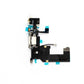 White iPhone 5 charging port flex shown face up and flat, with the white Lightning connector and headphone jack, microphone, coaxial antenna lead and teal tabs.