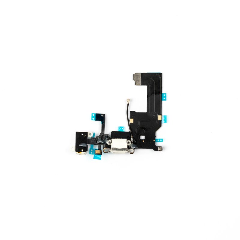 Complete white iPhone 5 charging port flex laid flat, with white Lightning connector and headphone jack, microphone, coaxial antenna lead and pale teal protective tabs.