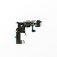 Black iPhone 5 charging port flex laid flat against white, with the Lightning connector centred, headphone jack at one end, thin coaxial antenna lead and teal protective tabs.