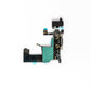 Reverse of the black iPhone 5 charging port flex, showing green shielding tape, gold screw eyelets, a printed part number along the edge and teal protective tabs.