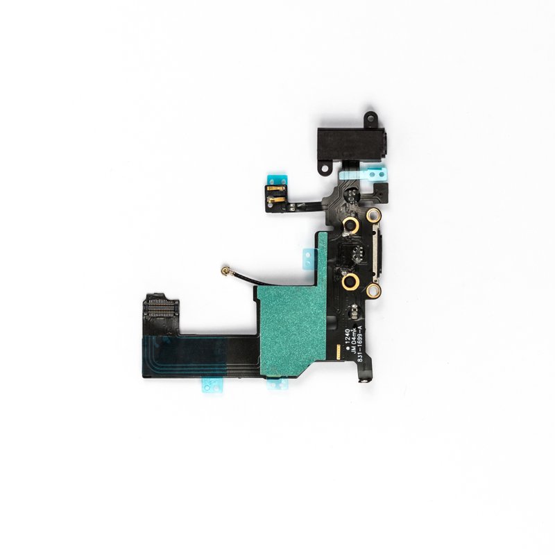 Reverse of the black iPhone 5 charging port flex, showing green shielding tape, gold screw eyelets, a printed part number along the edge and teal protective tabs.