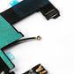 Macro detail of the black iPhone 5 charger flex showing the green shielding tape, the gold coaxial antenna connector on its short black lead and teal protective tabs.