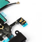 Macro of the black iPhone 5 charger flex showing the gold contact microphone on a teal tab, the coaxial antenna lead and the green shielded lower section.