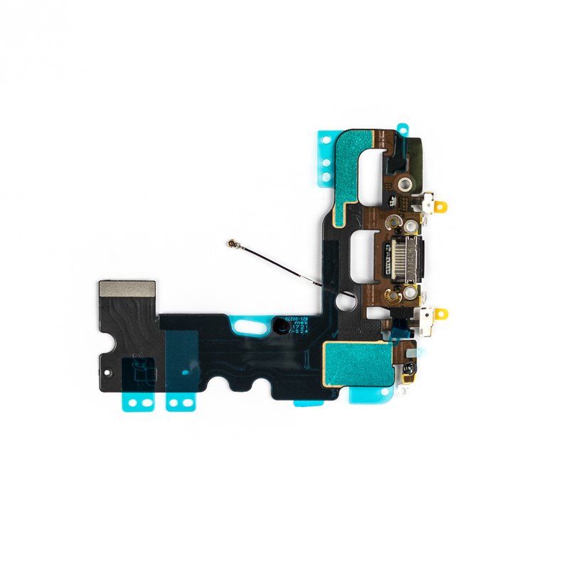 Underside of the iPhone 7 charging flex showing the copper-brown printed circuitry, exposed component pads, teal adhesive tabs and the fine antenna wire.