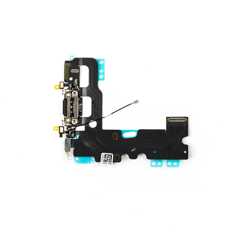 Reverse side of the iPhone 7 charging port flex cable, showing the black backing film, printed barcode and QR labels, blue adhesive tabs and the antenna wire.