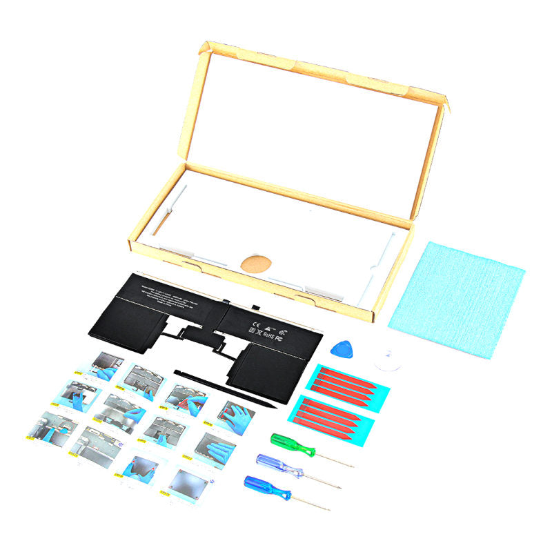 The MacBook Air 13 inch A2681 replacement battery, battery model A2669, shown in its open box with the supplied tools and accessories
