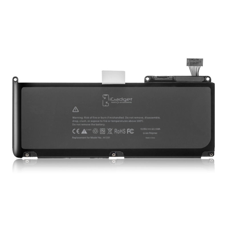 Label side of the MacBook 13 inch A1342 replacement battery, battery model A1331, printed with the iGadget label and CE, FC and RoHS marks on the cells