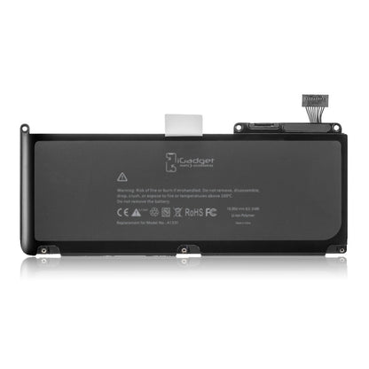 Label side of the MacBook 13 inch A1342 replacement battery, battery model A1331, printed with the iGadget label and CE, FC and RoHS marks on the cells