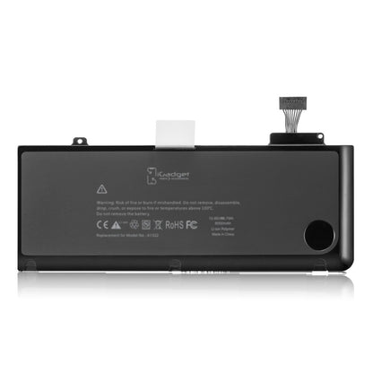 Label side of the MacBook Pro 13 inch A1278 replacement battery, battery model A1322, printed with the iGadget label and CE, FC and RoHS marks on the cells
