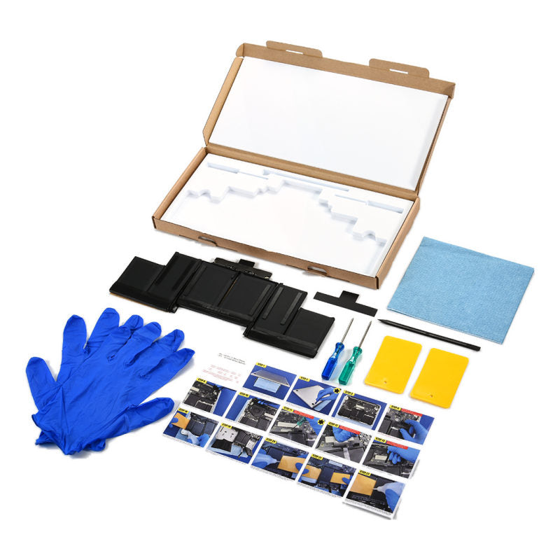 The MacBook Pro 15 inch Retina A1398 replacement battery, battery model A1618, shown in its open box with the supplied tools and accessories
