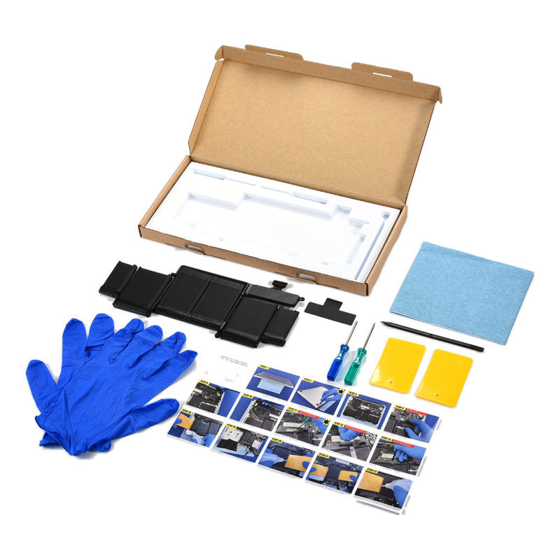 The MacBook Pro 13 inch Retina A1502 replacement battery, battery model A1582, shown in its open box with the supplied tools and accessories