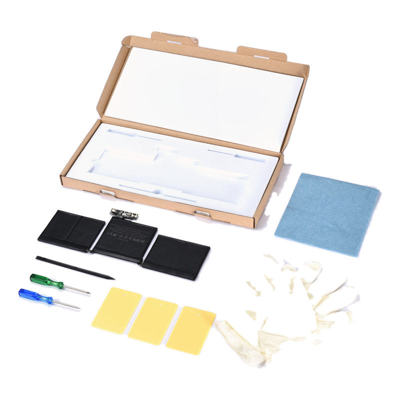 The MacBook Pro 13 inch A1708 replacement battery, battery model A1713, shown in its open box with the supplied tools and accessories