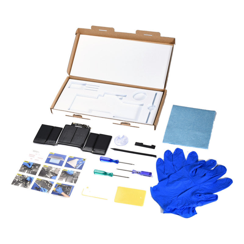 The MacBook Pro 13 inch A1989 and A2251 replacement battery, battery model A1964, shown in its open box with the supplied tools and accessories