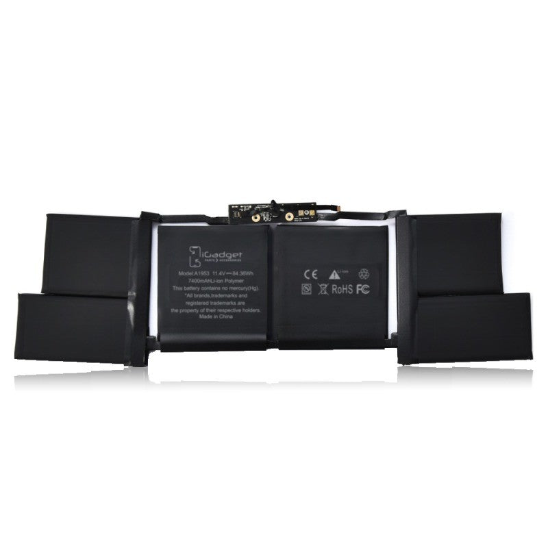 Label side of the MacBook Pro 15 inch Touch Bar A1990 replacement battery, battery model A1953, printed with the iGadget label and CE, FC and RoHS marks on the cells