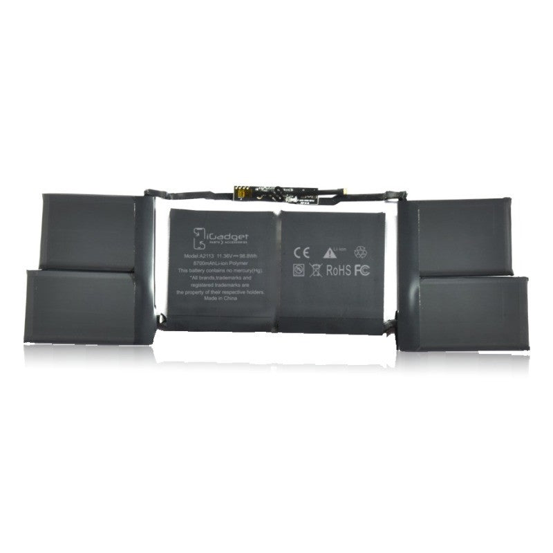 Label side of the MacBook Pro 16 inch A2141 replacement battery, battery model A2113, printed with the iGadget label and CE, FC and RoHS marks on the cells