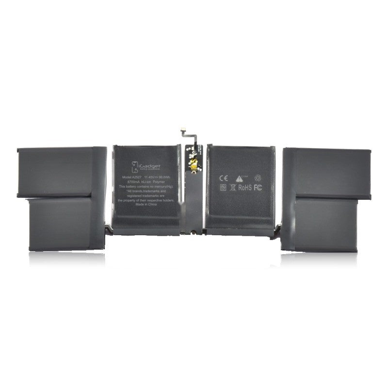 Label side of the MacBook Pro 16 inch A2485 replacement battery, battery model A2527, printed with the iGadget label and CE, FC and RoHS marks on the cells