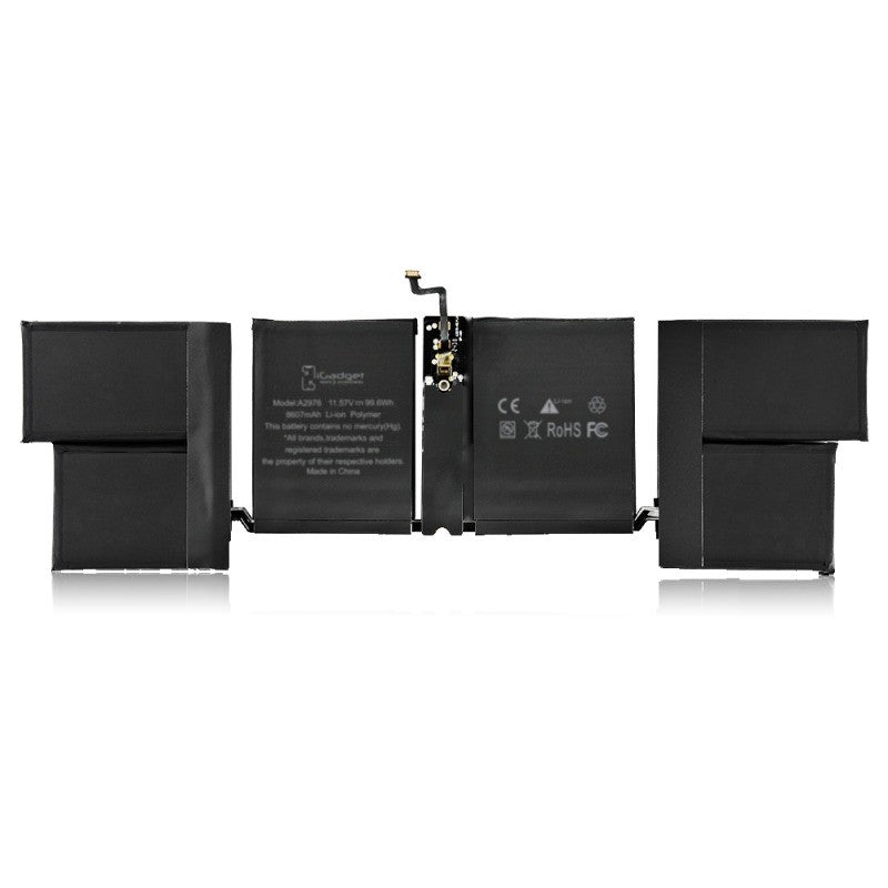 Label side of the MacBook Pro 16 inch A2991 replacement battery, battery model A2976, printed with the iGadget label and CE, FC and RoHS marks on the cells