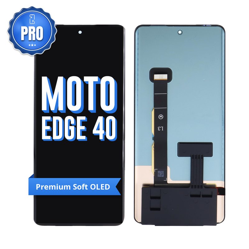 Motorola Edge 40 premium soft OLED screen replacement, showing the front and the back of the screen