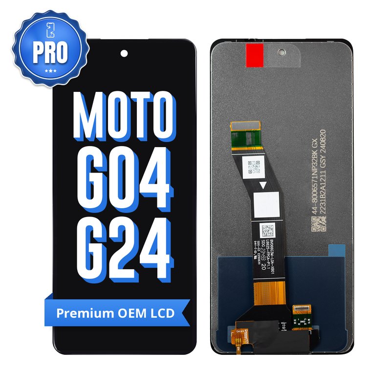 Motorola Moto G04 and G24 premium OEM LCD screen replacement, showing the front and the back of the screen