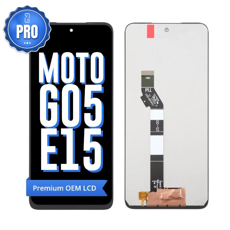 Motorola Moto G05 and E15 LCD screen replacement with OEM quality panel, showing the front display and rear side for compatible device repair and replacement.