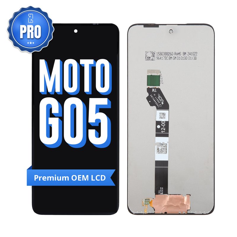 Motorola Moto G05 premium OEM LCD screen replacement, showing the front and the back of the screen