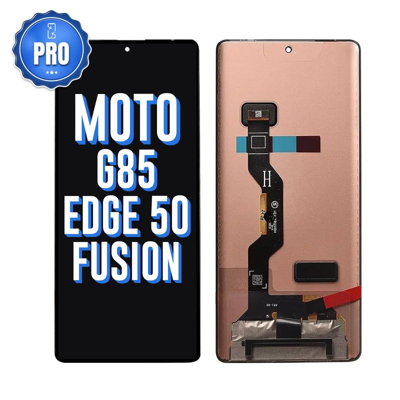 Motorola Moto G85 and Edge 50 Fusion premium soft OLED screen replacement, showing the front and the back of the screen