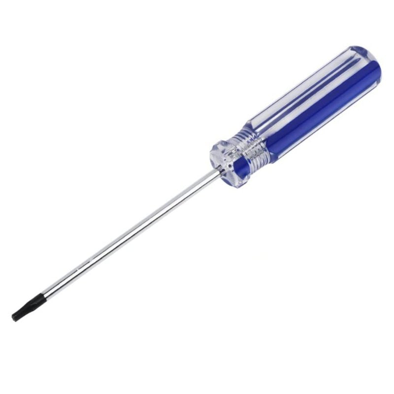 T8 Torx security screwdriver from the MacBook repair toolkit, with a blue translucent handle, chrome shaft and black star-shaped tip