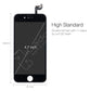 High Standard graphic with the caption Double full test with 11 steps by our QC team, showing a black 4.7 inch iPhone screen with its dimensions marked at 138.3mm by 67.1mm.