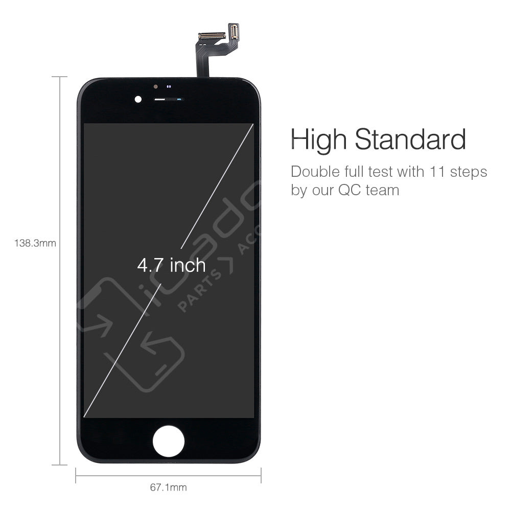 High Standard graphic with the caption Double full test with 11 steps by our QC team, showing a black 4.7 inch iPhone screen with its dimensions marked at 138.3mm by 67.1mm.