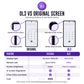 OL3 screen compared with the original Samsung S and Note series screen: square versus slightly rounded screen corners, a black border about a third wider, 60Hz, fingerprint and S Pen working, lower cost