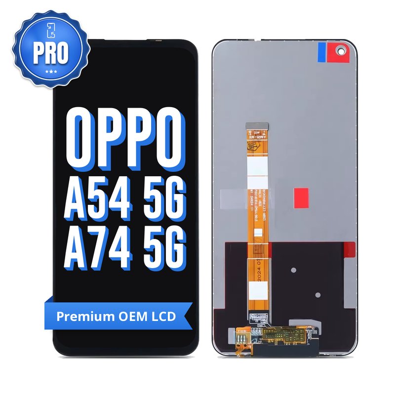 OPPO A54 5G and A74 5G premium OEM LCD screen replacement, showing the front and the back of the screen