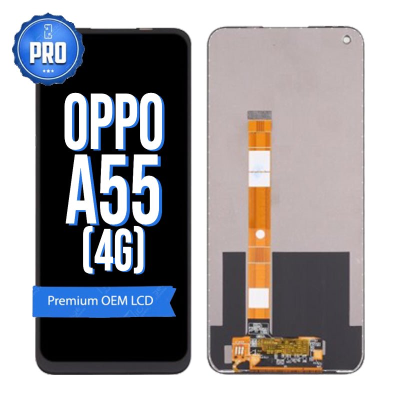 OPPO A55 4G LCD screen replacement with OEM quality panel, showing the front display and rear side for compatible smartphone repair and replacement