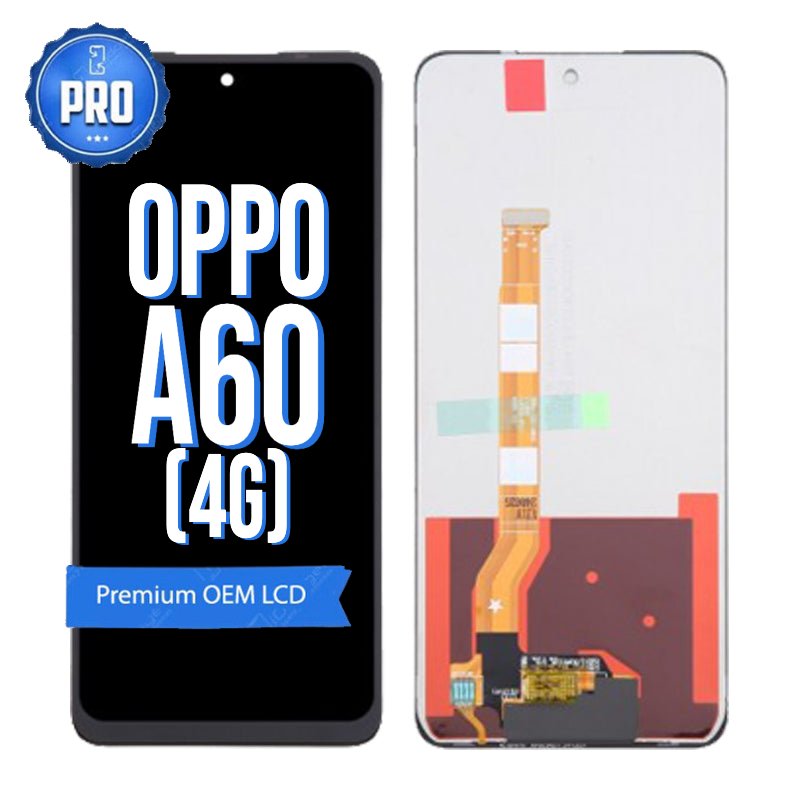 OPPO A60 4G LCD screen replacement with OEM quality panel, showing the front display and rear side for compatible smartphone repair and replacement.
