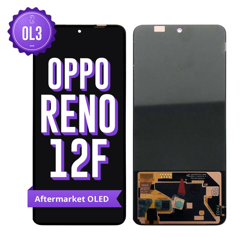OPPO Reno 12F OL3 aftermarket OLED screen replacement, showing the front and the back of the screen