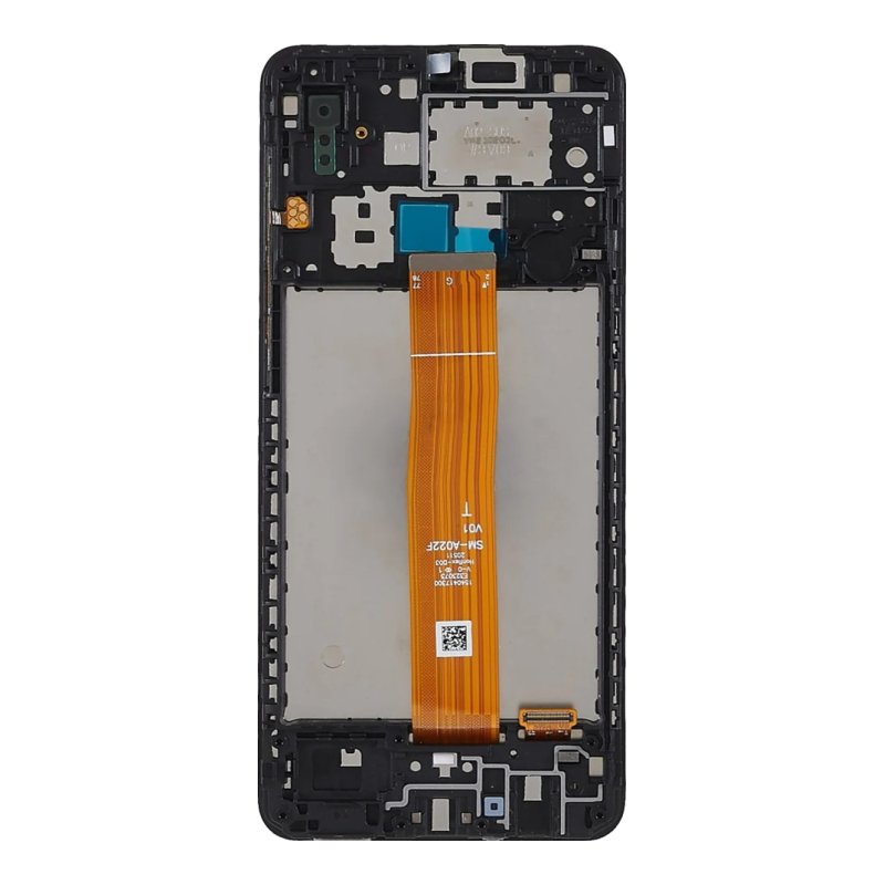 Back of the Samsung Galaxy A02 OEM LCD with middle frame, showing the black frame and the orange display flex cable marked SM-A022F