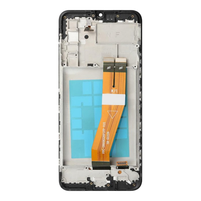 Back of the Samsung Galaxy A02s OEM LCD with middle frame, showing the black frame, blue protective film and the orange display flex cable